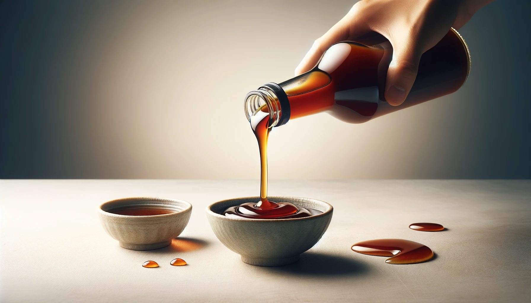 DALL·E 2024 01 08 14.38.40 A banner sized image of fish sauce being poured into a small bowl with no brand labels visible. The scene is focused on the action of pouring captur